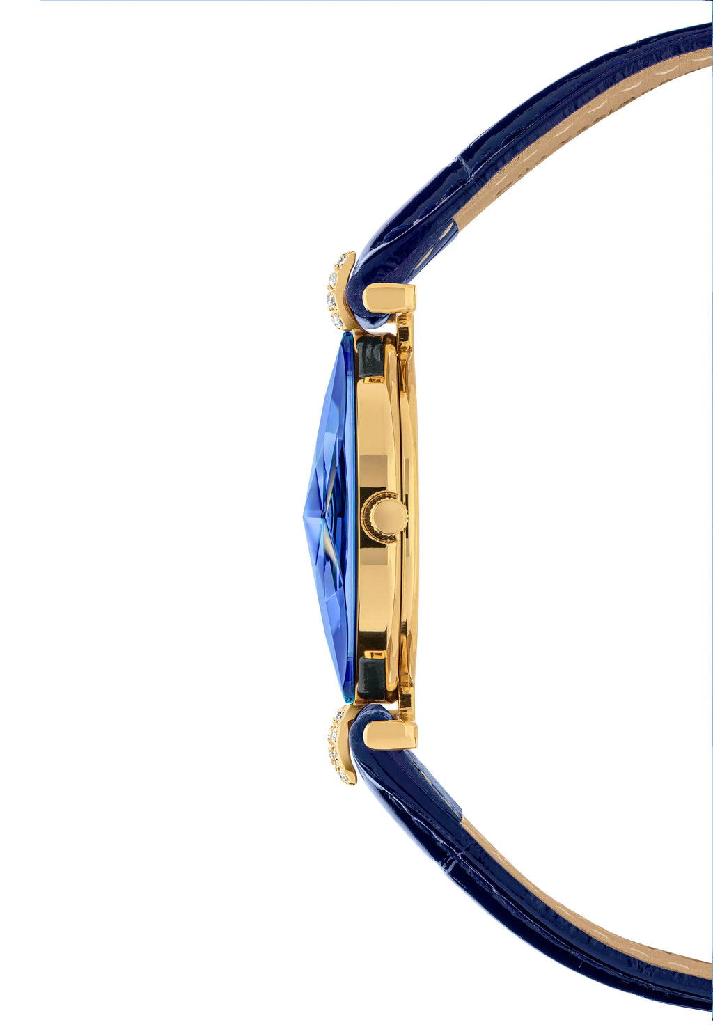 Side profile of a luxury watch featuring a vibrant blue crystal case, a polished gold-tone case, and a deep blue leather strap with a tan interior lining. All Swiss Made.