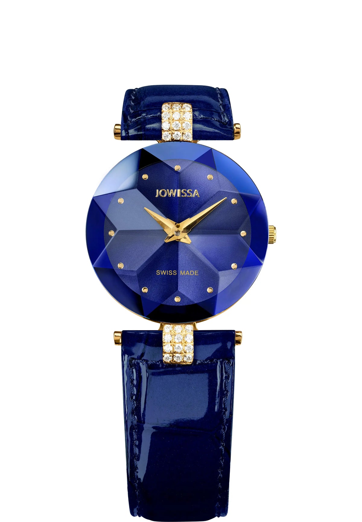 A luxury women's watch by Jowissa featuring a faceted blue crystal watch face, gold-tone hands and markers, and a glossy dark blue strap with gold-tone hardware and crystal accents.