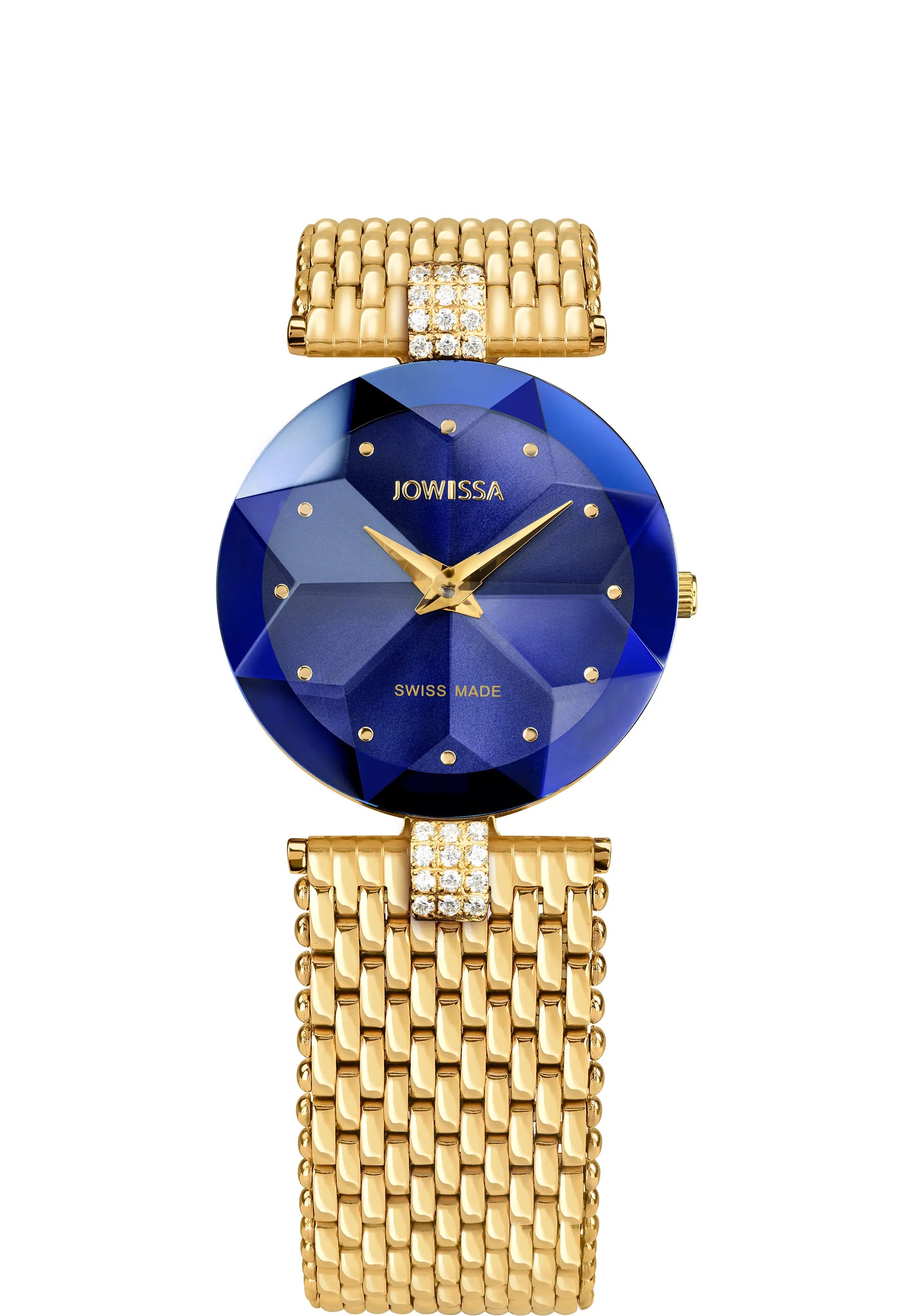 A Jowissa women's watch featuring a faceted crystal and a deep blue sunray dial with a gold-plated mesh bracelet with crystal accents.