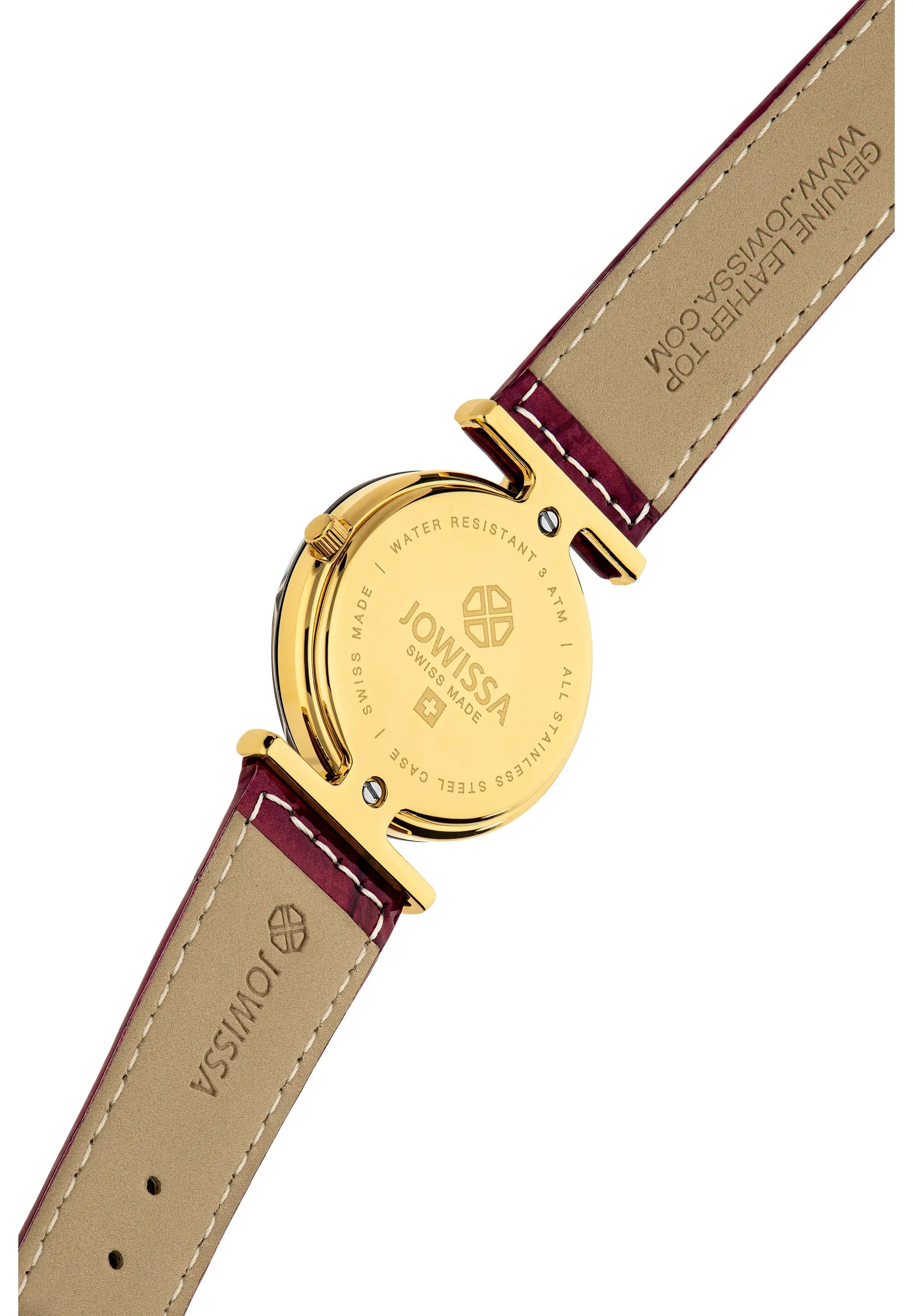 Close-up of the back of a  Jowissa watch with a gold-tone case and a burgundy leather strap. Swiss Made ladies timepiece.