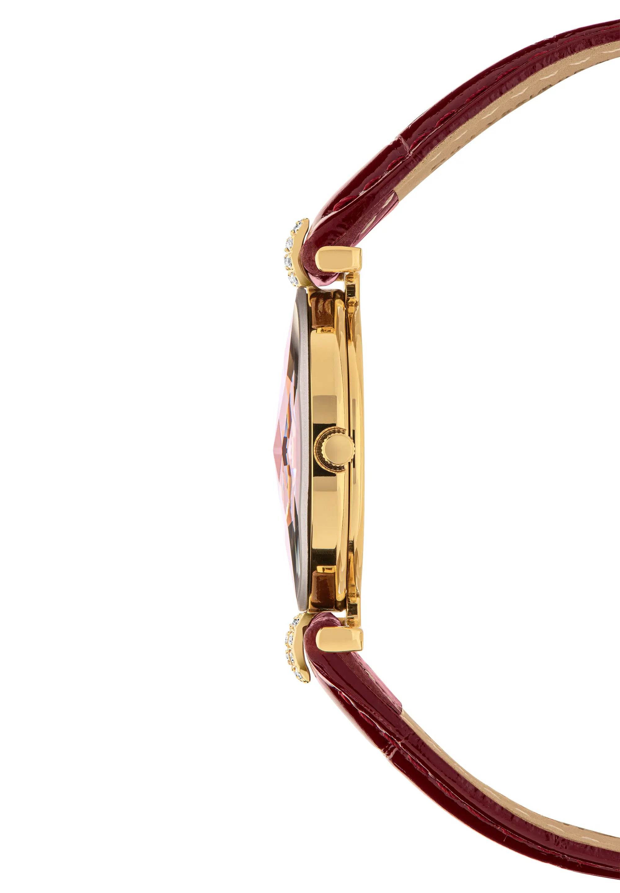 Side profile of a Facet Strass Jowissa women's watch featuring a gold-tone case, a bordeaux red dial, and a burgundy leather strap.