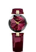 A Jowissa women's watch featuring a beautifully faceted crystal, a dark red sunray dial, a black bezel, a matching dark red alligator leather strap, and gold-tone accents including two crystal decor elements.