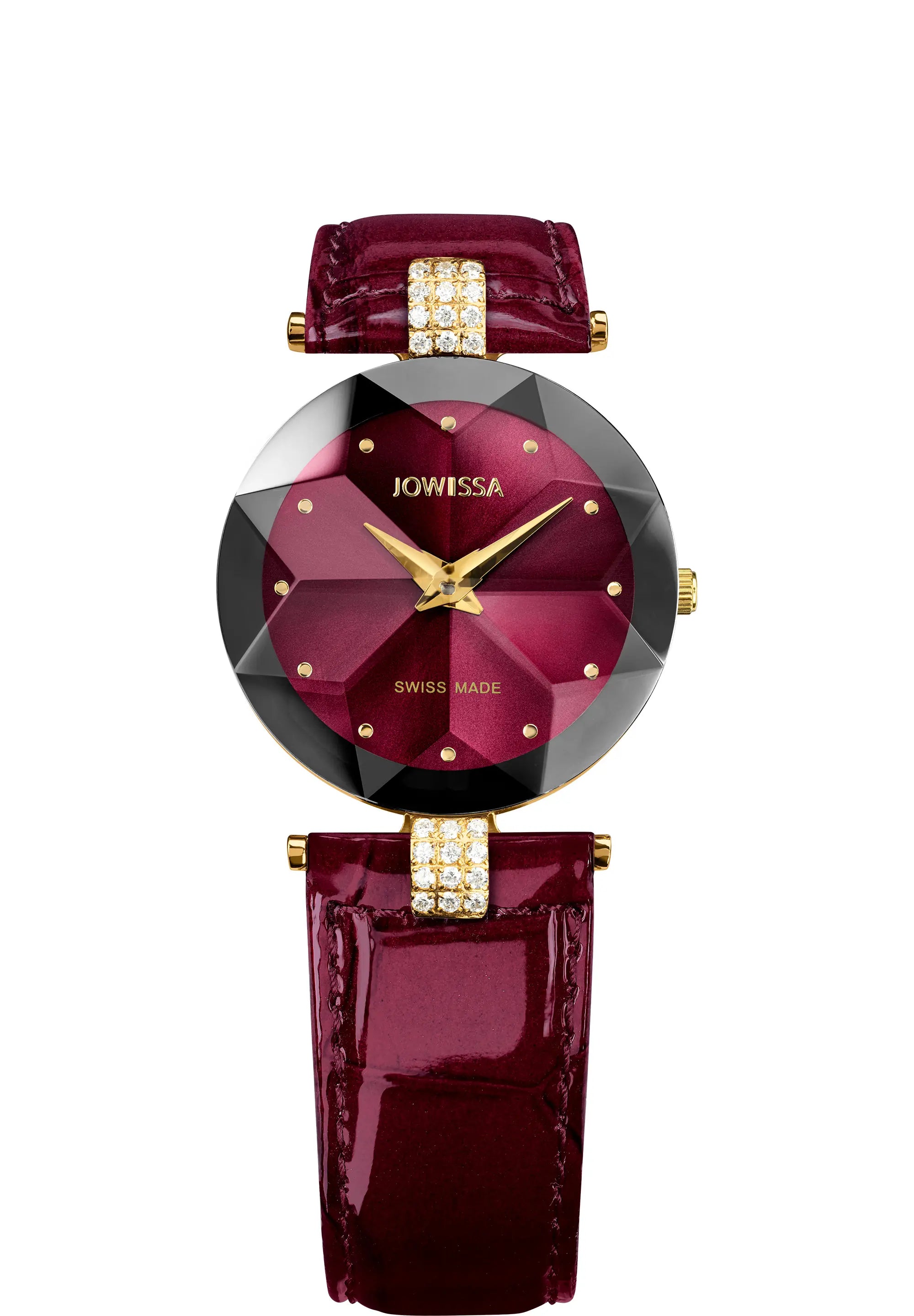 A Jowissa women's watch featuring a beautifully faceted crystal, a dark red sunray dial, a black bezel, a matching dark red alligator leather strap, and gold-tone accents including two crystal decor elements.