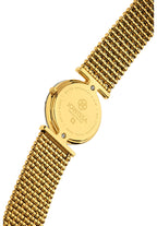 Back view of Jowissa Facet Strass J5.014.M Swiss Made women's watch with gold stainless-steel bracelet and stainless-steel caseback.