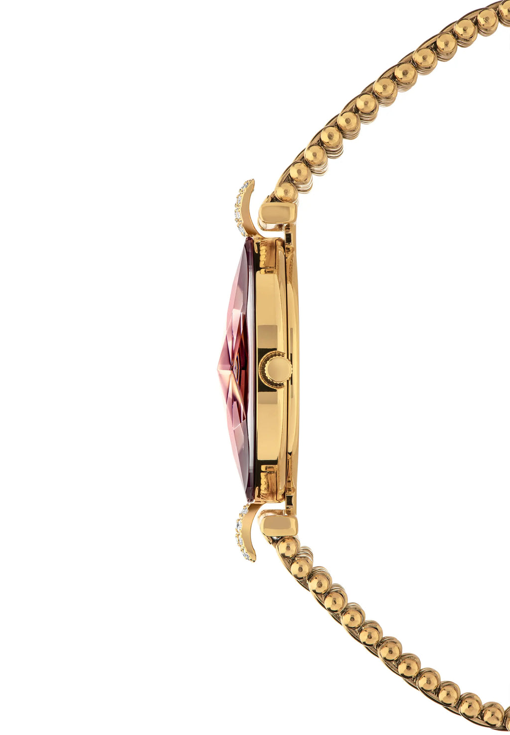 Close-up side view of a gold-tone Jowissa ladies watch with a faceted bordeaux crystal and a beaded link chain in gold.