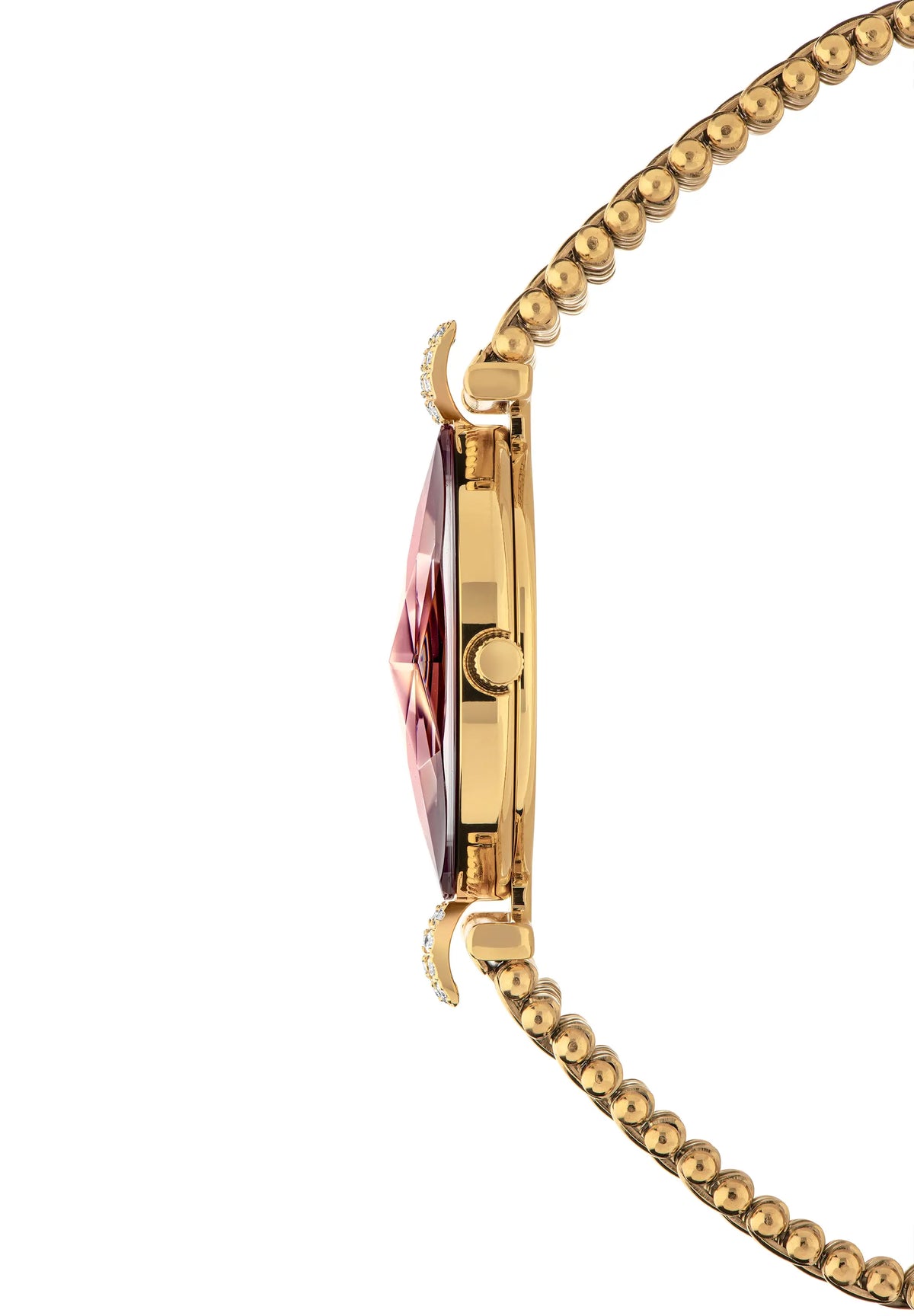 Close-up side view of a gold-tone Jowissa ladies watch with a faceted bordeaux crystal and a beaded link chain in gold.