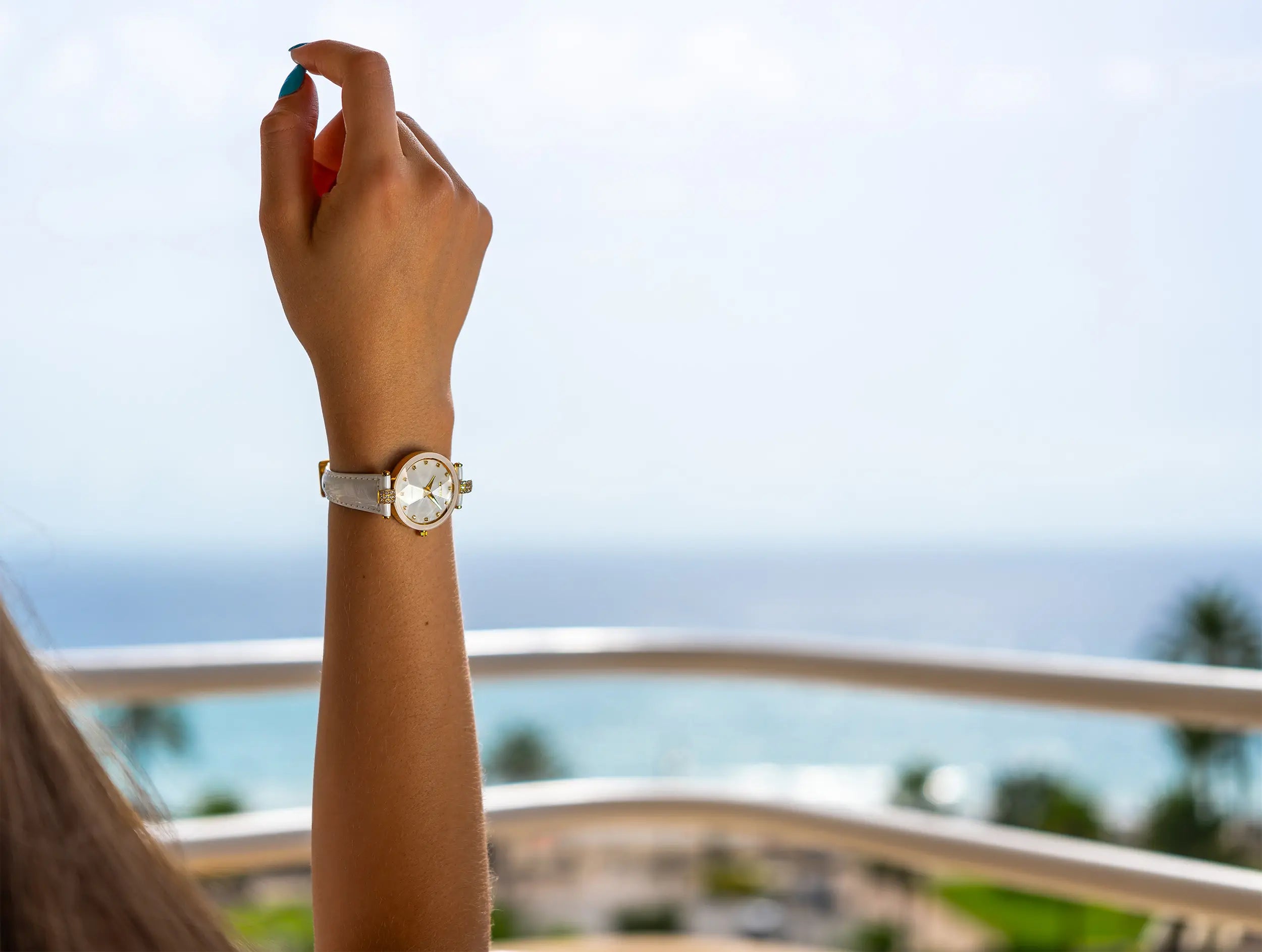 Facet strass white watch for women - with white leather strap and white dial with gold details in the front - all swiss made watch for ladies