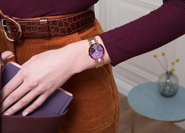 Swiss purple watch for women - with gold strap and purple dial - all swiss made watch for ladies 