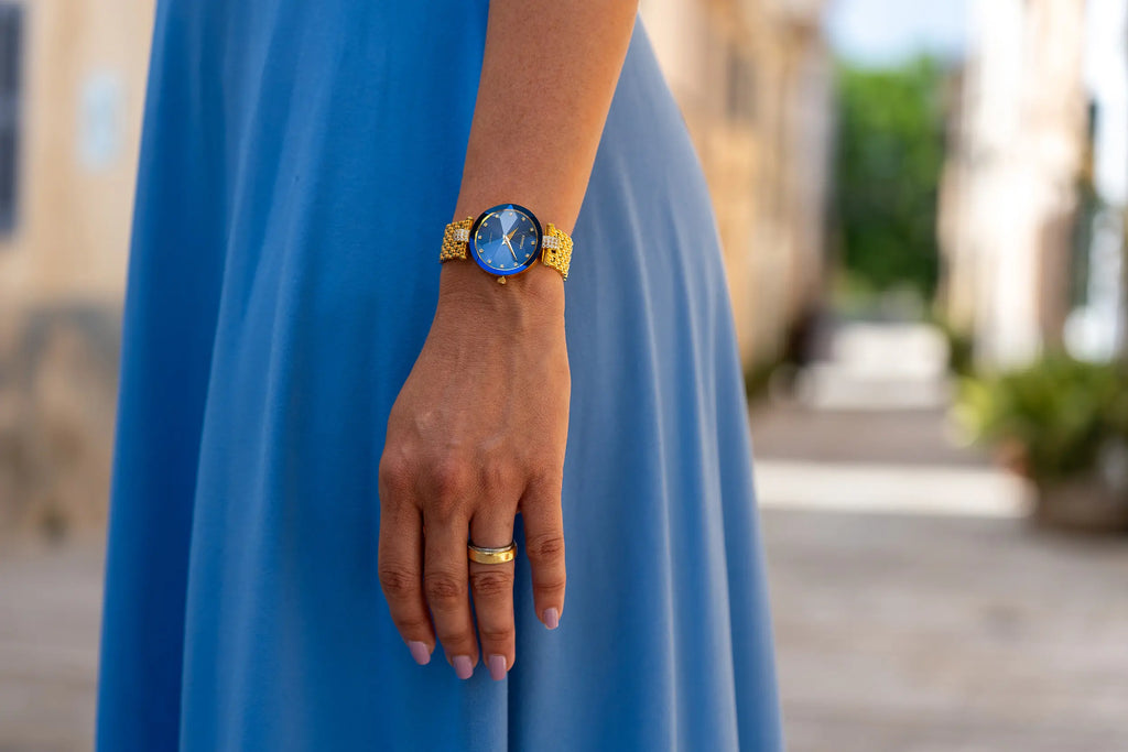 Blue watch for women with gold strap and blue dial - all swiss made watch for ladies