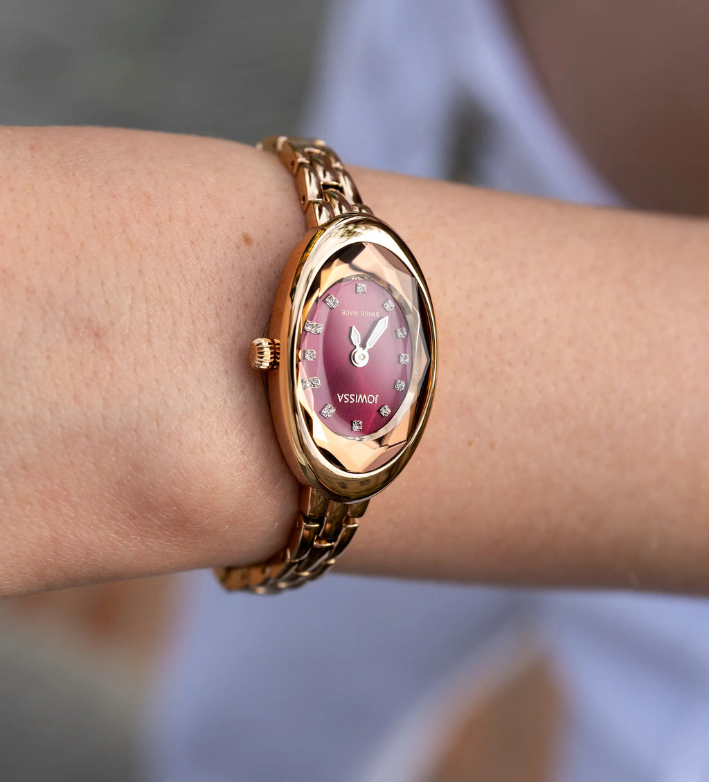 Oval petite watch for ladies - with gold strap and red dial - all swiss made watch for women