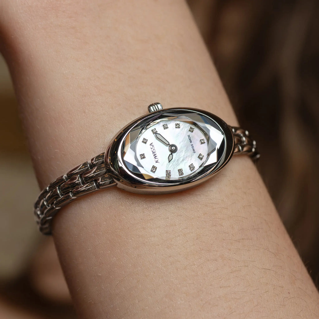 Swiss Oval Petite watch for women - with silver strap and grey dial - all swiss made watch