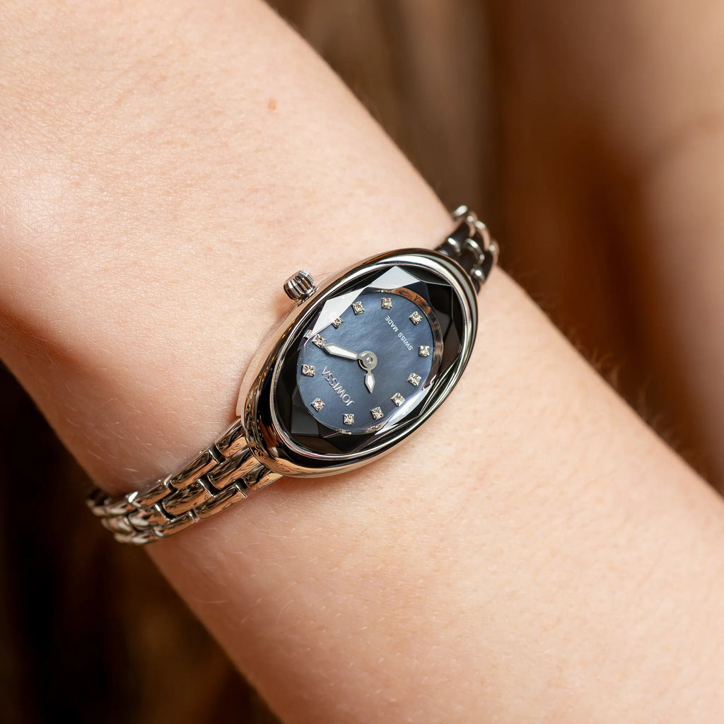 Small swiss watch for women with silver strap and blue dial - all swiss made watch for women