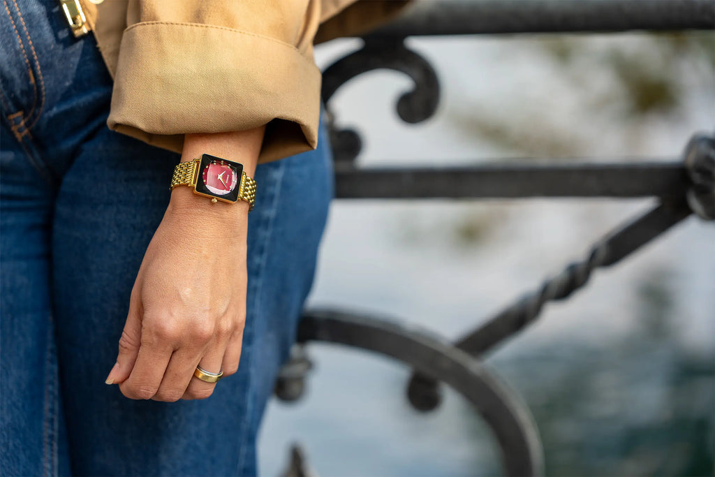 Red watch for women with gold strap and red dial - all swiss made watch for women 