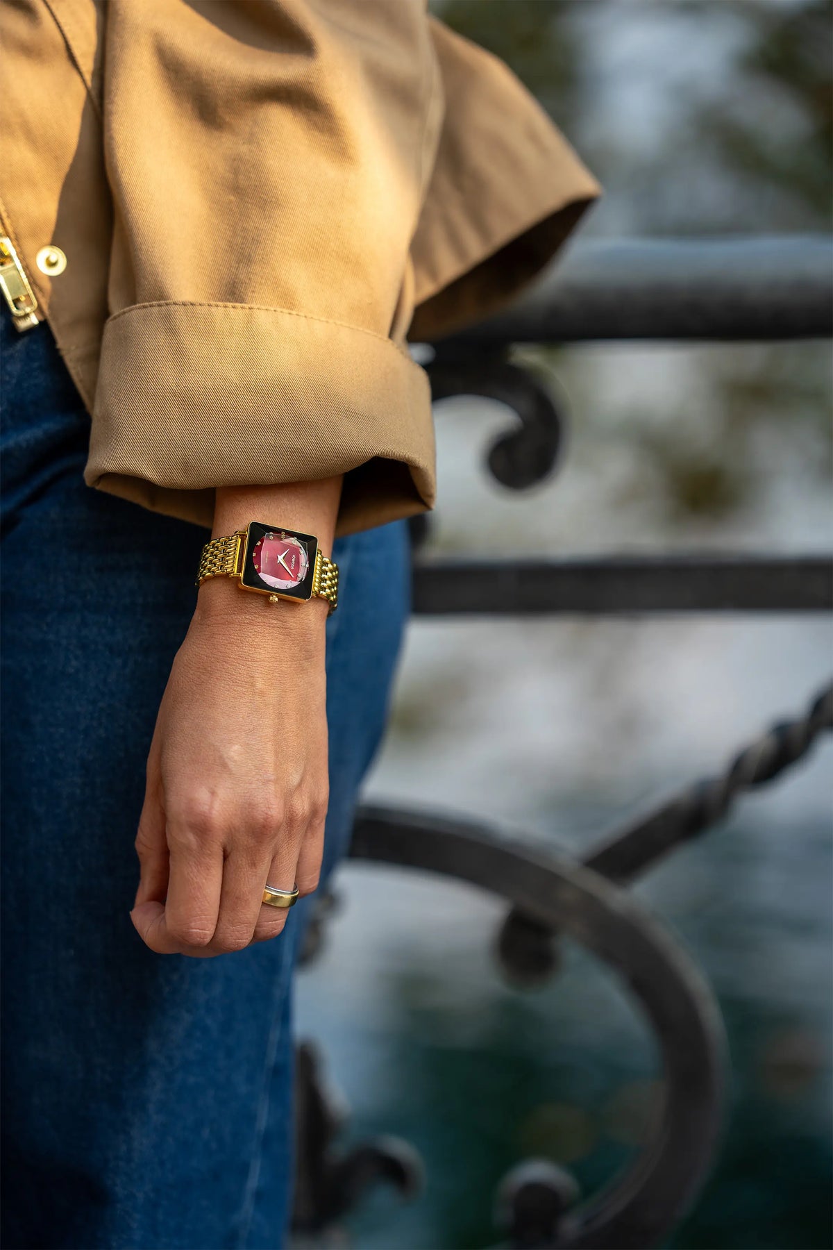 Swiss red watch for women with gold strap and red dial - all swiss made watch for ladies
