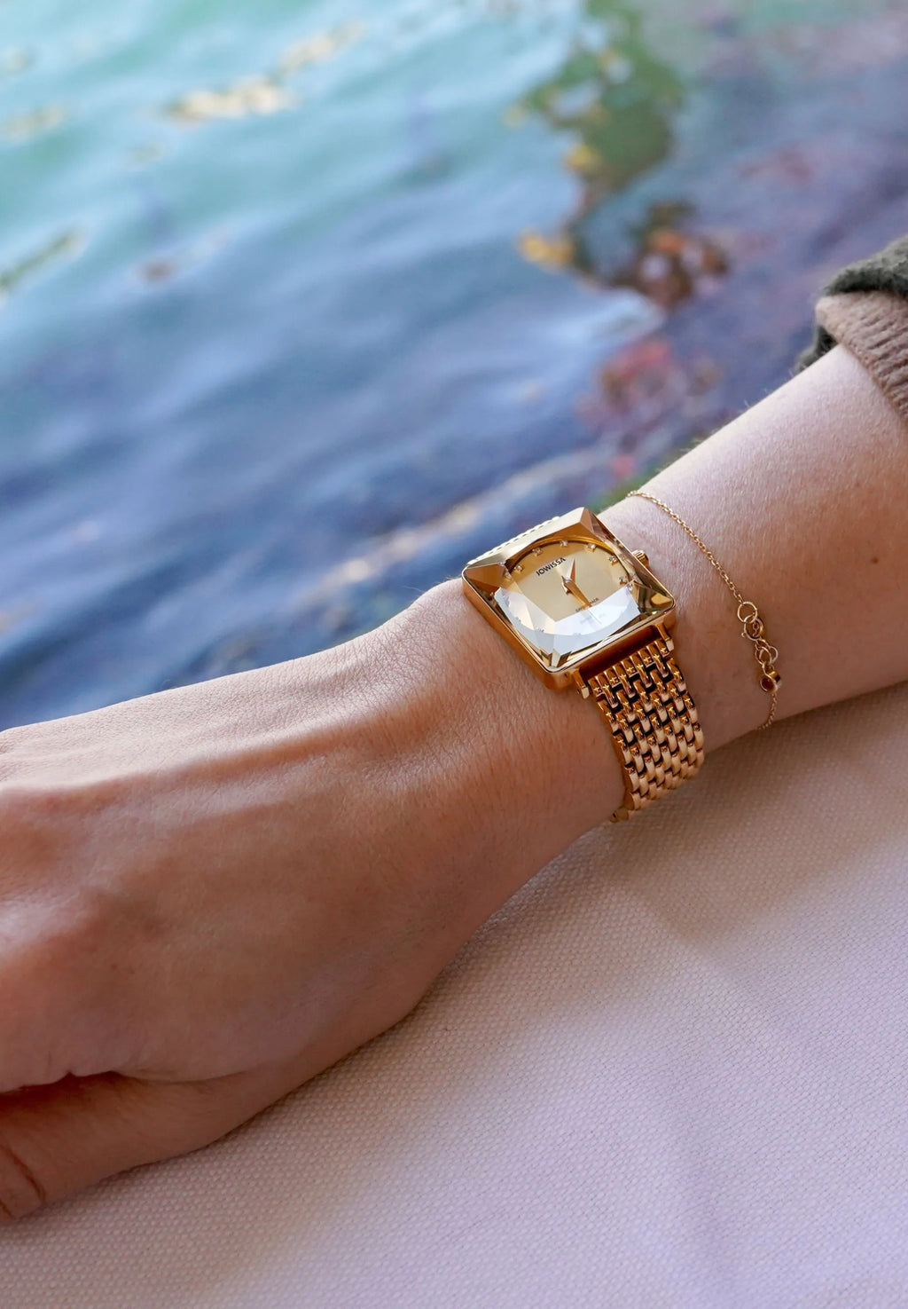 All golden Swiss Made Jowissa Womens Watch with a square dial and stainless steel bracelet.