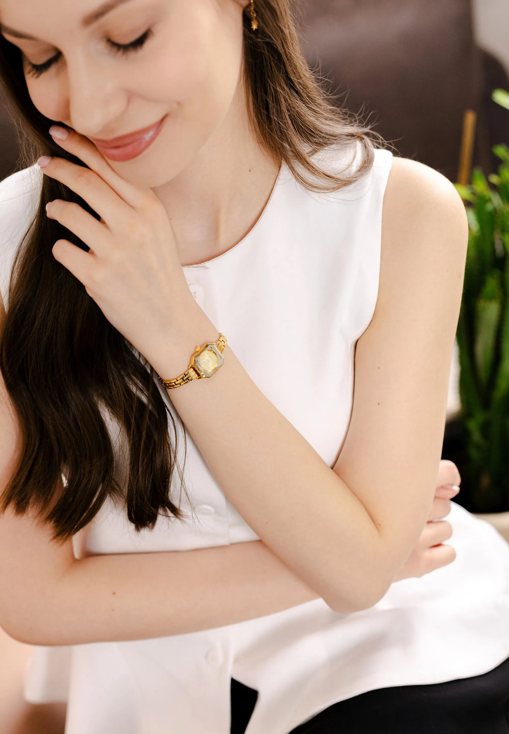 Most trendy Swiss Made watch for women . All gold with an octagonal case shape and an elegant jewelry like bracelet.