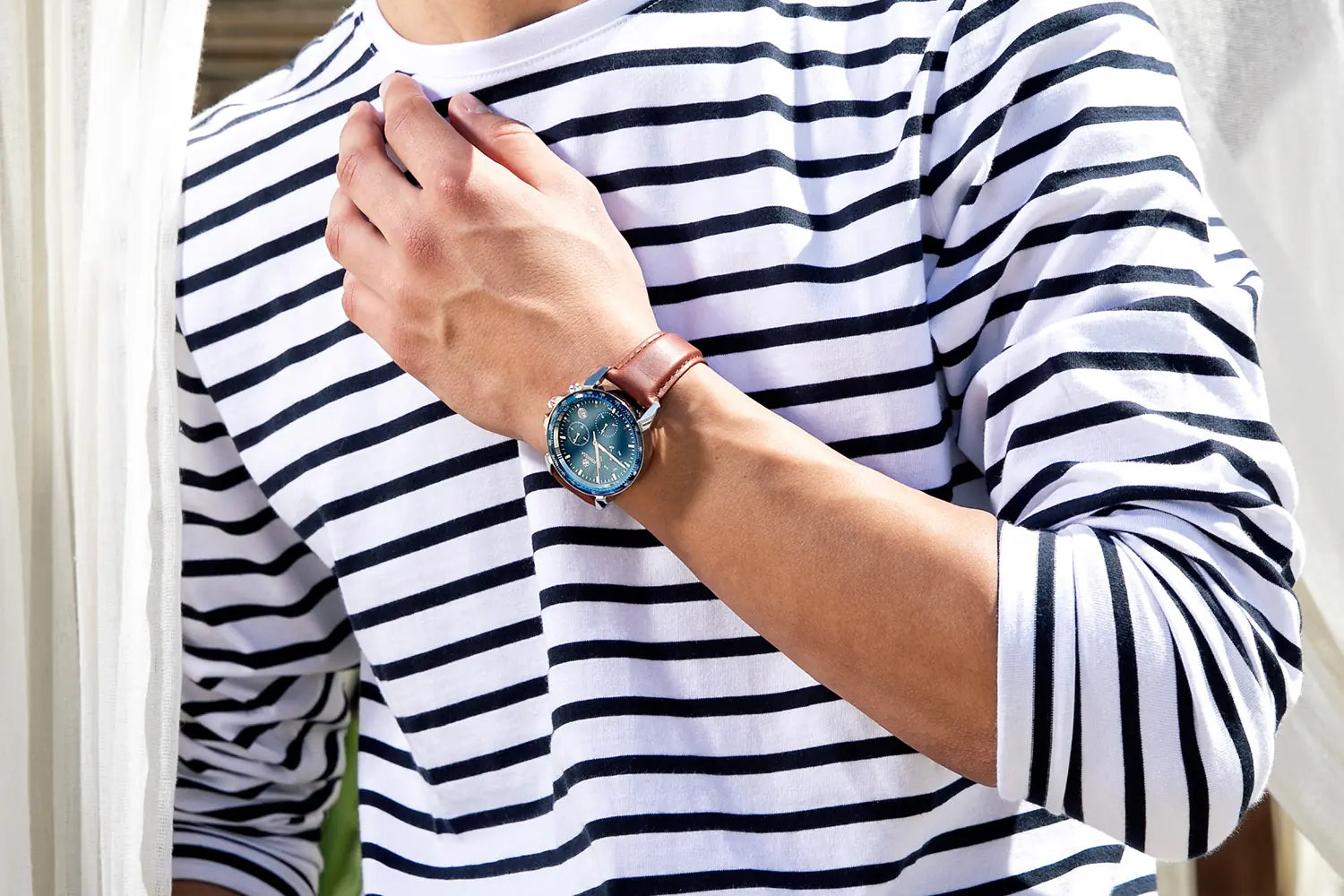 Jowissa 42mm Men's Swiss Chronograph: LeWy collection watch with blue dial, brown leather strap, and tachymeter scale for precision performance.