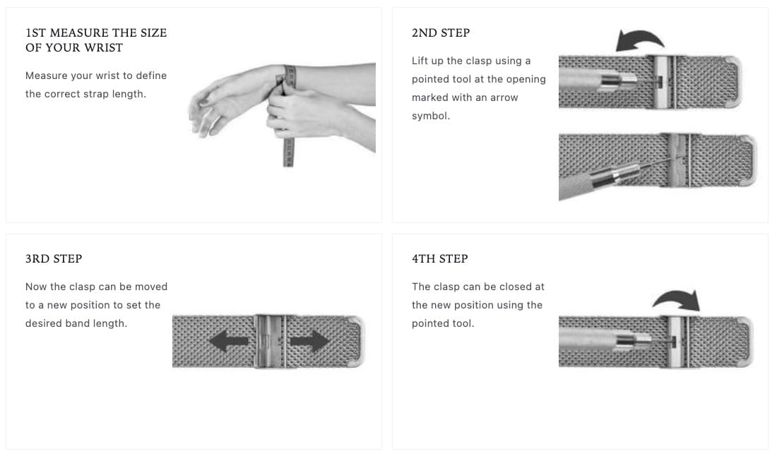 Sizing of a stainless steel mesh bracelet for watches by Jowissa
