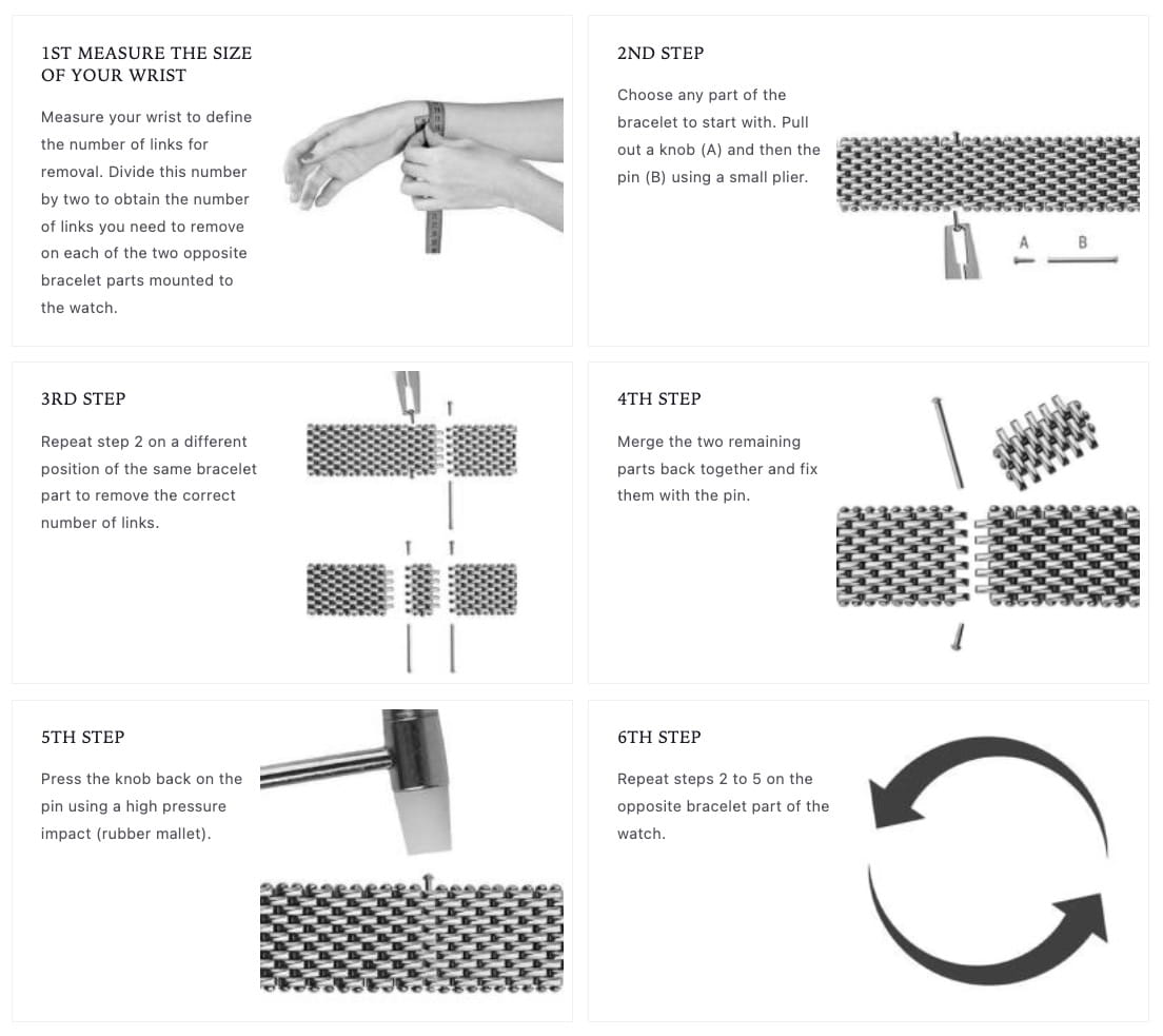 Sizing of a stainless steel milanaise watch bracelet by Jowissa