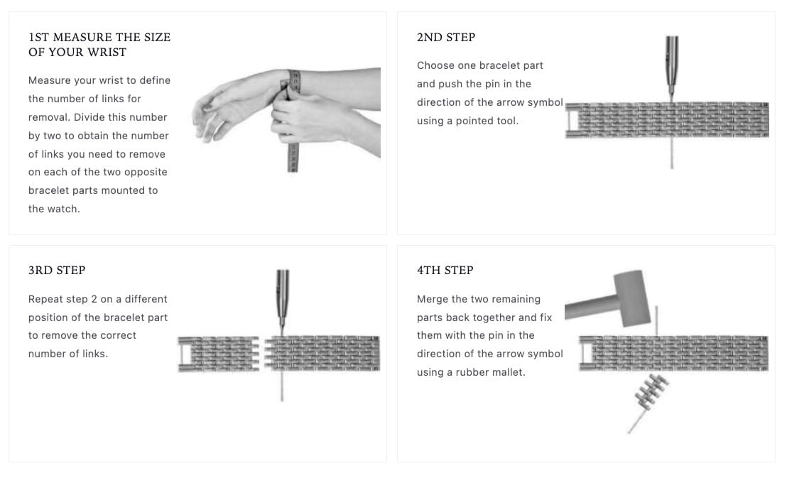 Sizing of a stainless steel milanaise watch band by Jowissa