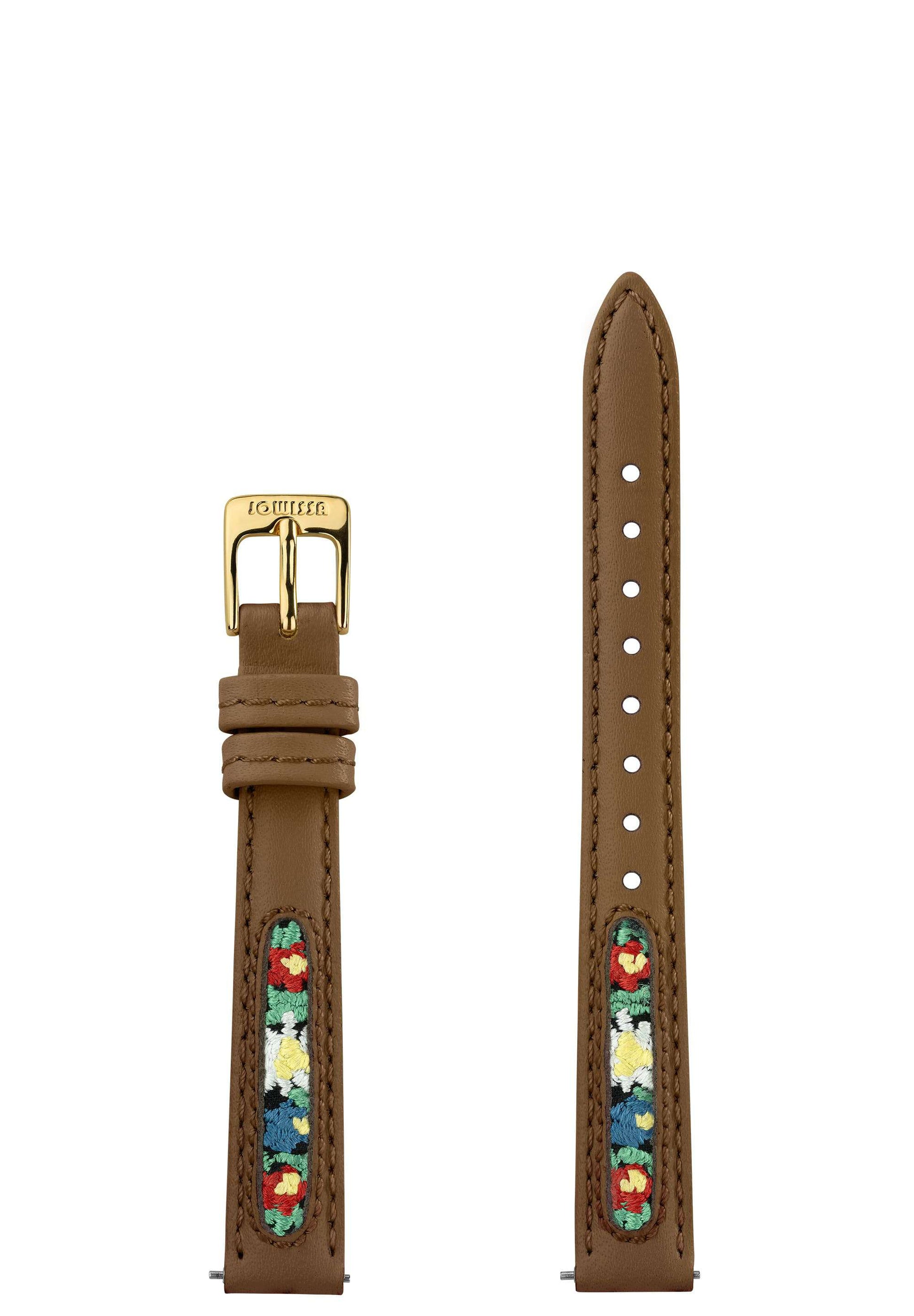 12mm Brown Leather Watch Band With Swiss Flower Embroidery Jowissa