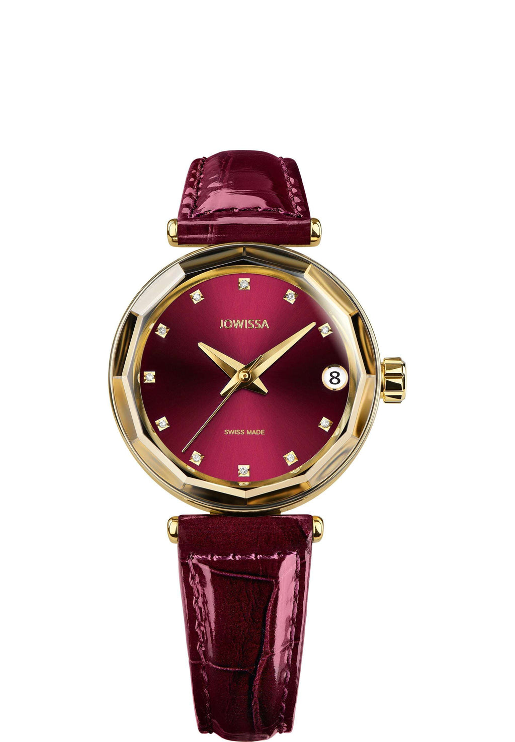 This elegant womens automatic watch features a chic burgundy dial and a glossy alligator-embossed leather strap. With a gold-plated stainless steel case, the design includes 11 diamond indices, a date window, and a multi-faceted crystal for a luxurious finish. The sapphire crystal back beautifully displays the Swiss automatic movement. The watch is made in switzerland