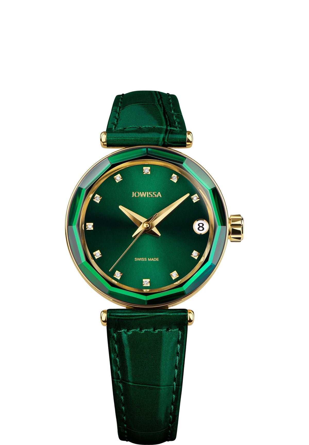 Cette montre automatique pour femme arbore un cadran vert émeraude éclatant et un bracelet en cuir verni façon alligator. Son boîtier de 30,5 mm en acier inoxydable plaqué or lui confère une élégance raffinée, rehaussée par 11 index diamants et un guichet de date. Le verre saphir inrayable et le fond transparent en verre saphir permettent d'admirer le mouvement. Étanche jusqu'à 5 ATM, elle est idéale au quotidien.