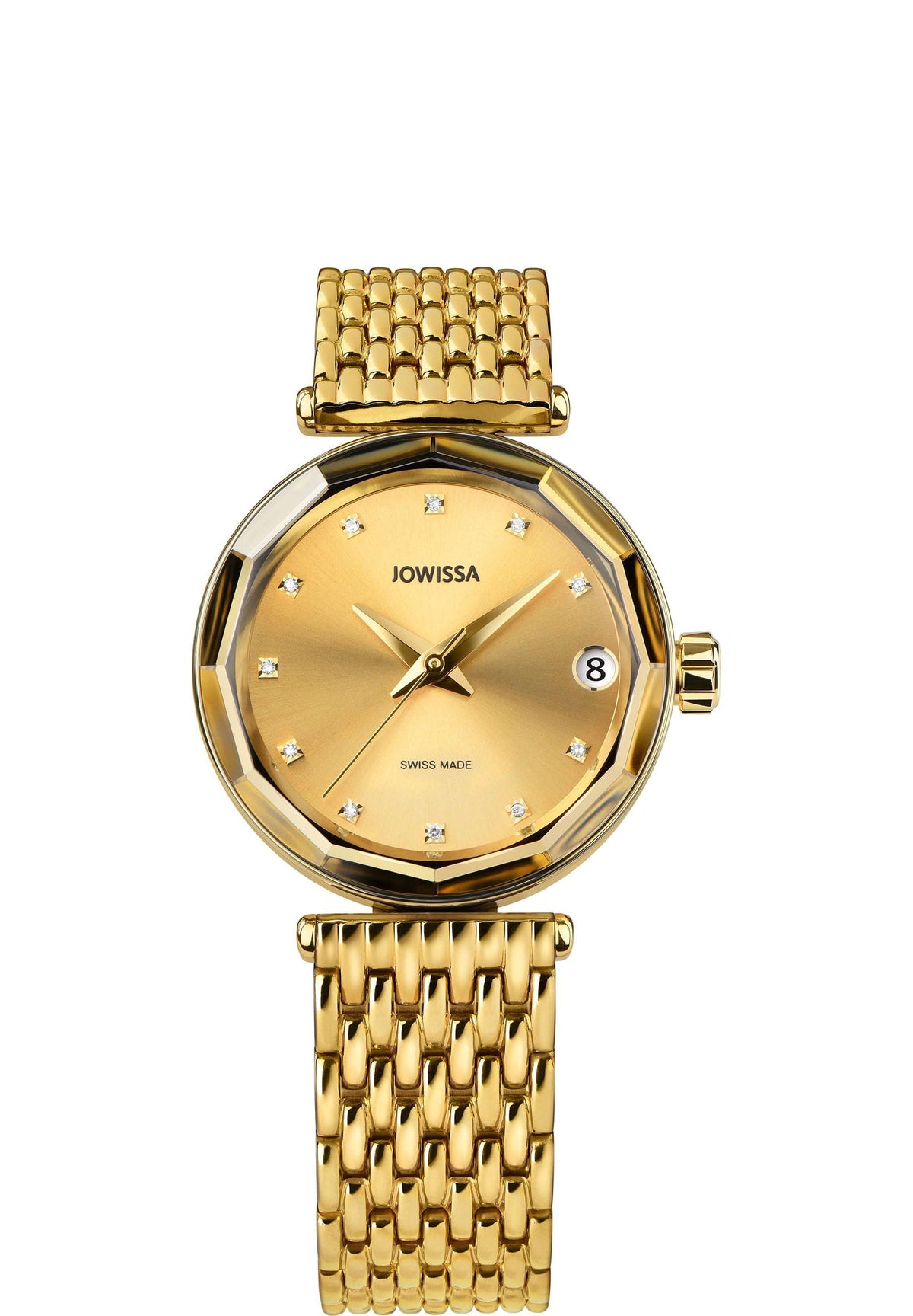 La montre automatique suisse Safira J1.282.M est un garde-temps élégant pour femme, doté d'un luxueux boîtier et bracelet en acier inoxydable plaqué or. Son cadran soleillé brillant est orné de 11 index diamants et d'aiguilles diamant de style Dauphine, apportant une touche d'éclat. Animée par un mouvement automatique suisse Ronda R150, elle offre une réserve de marche de 40 heures et dispose d'un guichet de date. Entièrement fabriquée en Suisse.