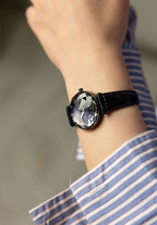 Black swiss watch - all swiss made with black leather strap and black dial 