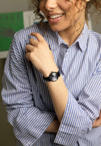 Black swiss watch - all swiss made with black leather strap and black dial 