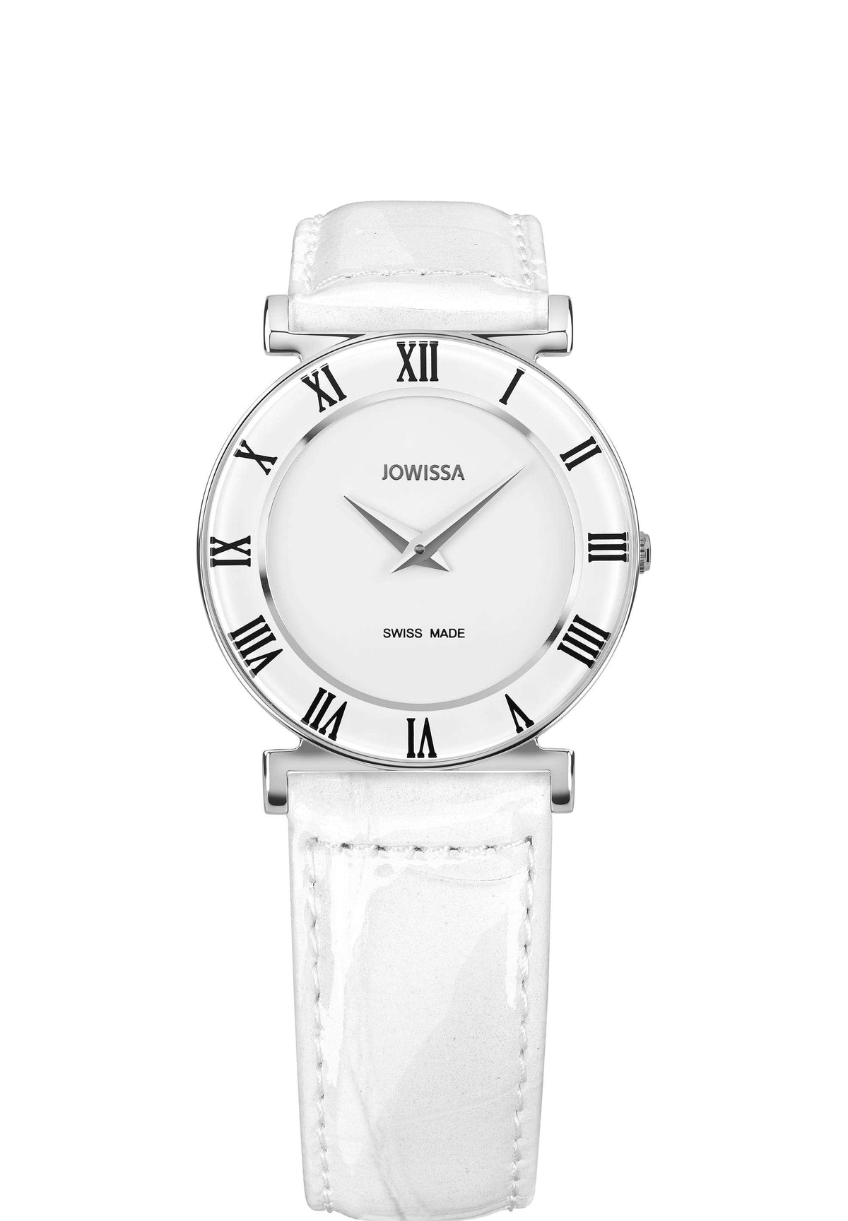 Swiss ladies watch with white leather strap and white dial with black details - all swiss made watch for women