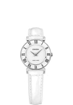 Montre suisse pour femme avec bracelet en cuir blanc et cadran blanc, ornée de détails noirs sur le devant - montre 100% suisse.