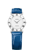 Swiss womens watch with blue leather strap and white dial - all swiss made watch for ladies