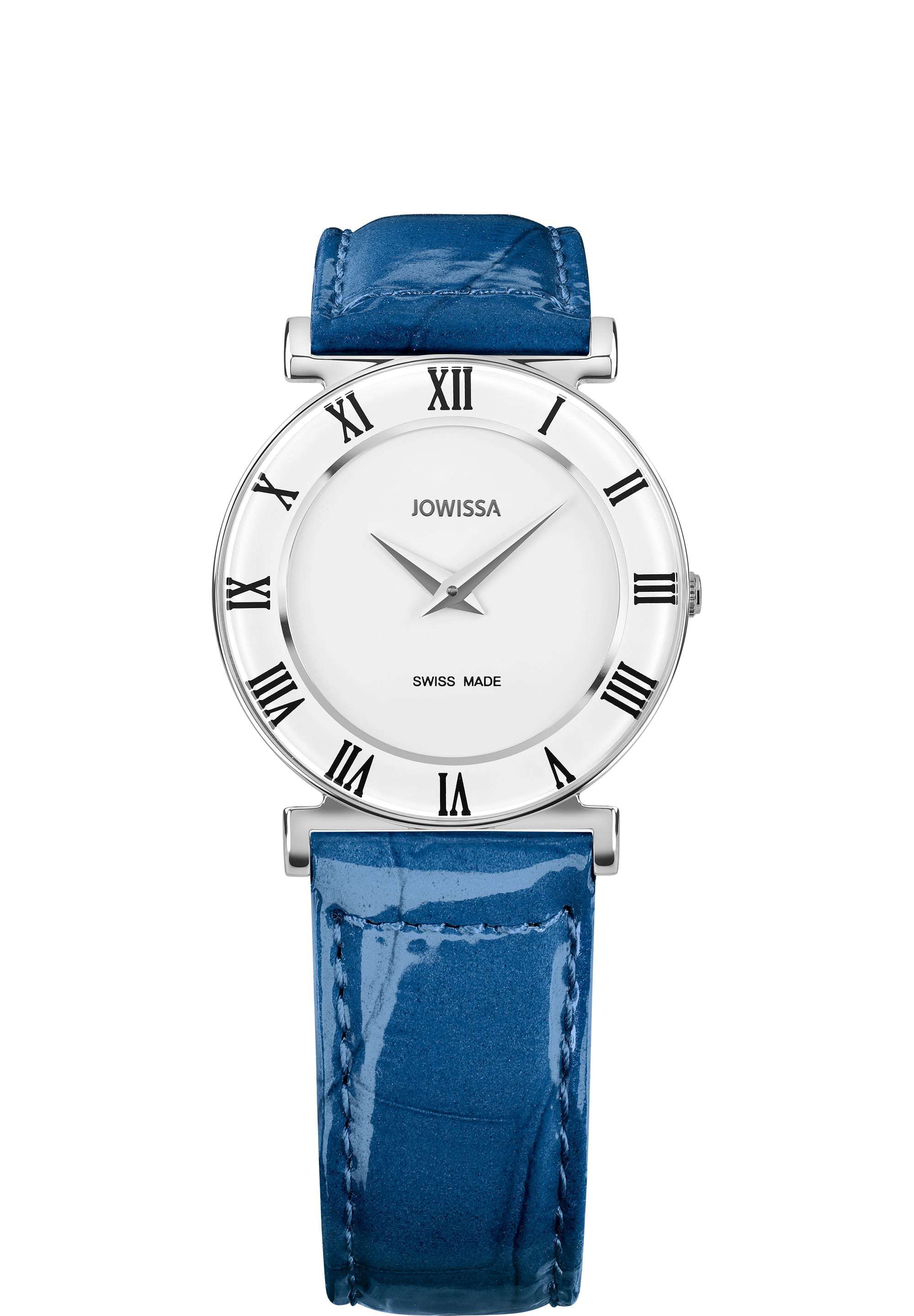 Swiss womens watch with blue leather strap and white dial - all swiss made watch for ladies