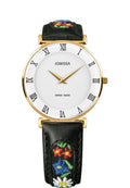 Roma swiss watch with flowers - swiss made for ladies with black leather strap and white dial with gold details for women