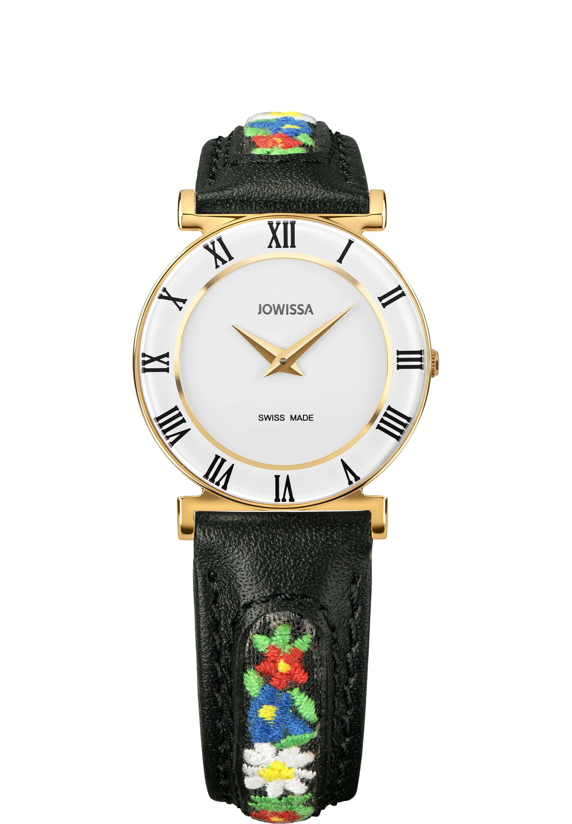 J2.024.M swiss jowissa watch for ladies - the watch has a black strap with details of flowers and white dial with gold details - all swiss made watch for women