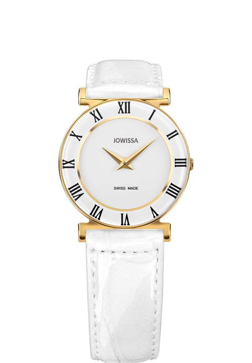 White swiss watch for women - swiss watch with white leather strap and gold details in the front - all swiss made