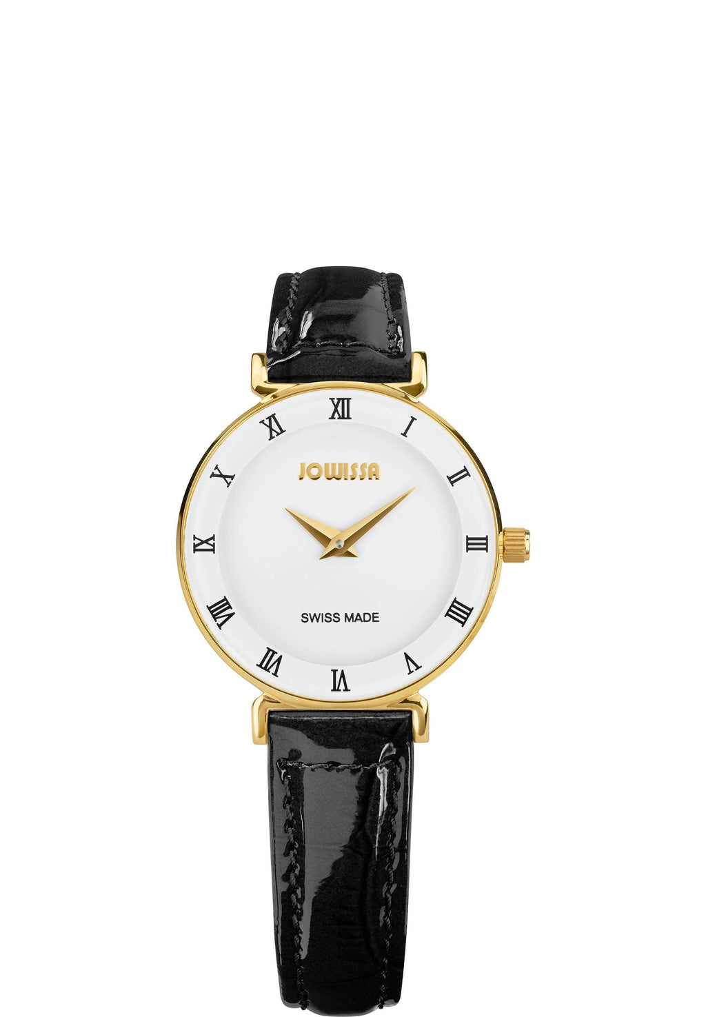 Schwarze Damenuhr J2.028.S mit Lederarmband und weißem Zifferblatt – mit goldenen Details auf der Vorderseite – komplett in der Schweiz gefertigt.