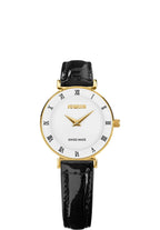 Schwarze Damenuhr J2.028.S mit Lederarmband und weißem Zifferblatt – mit goldenen Details auf der Vorderseite – komplett in der Schweiz gefertigt.