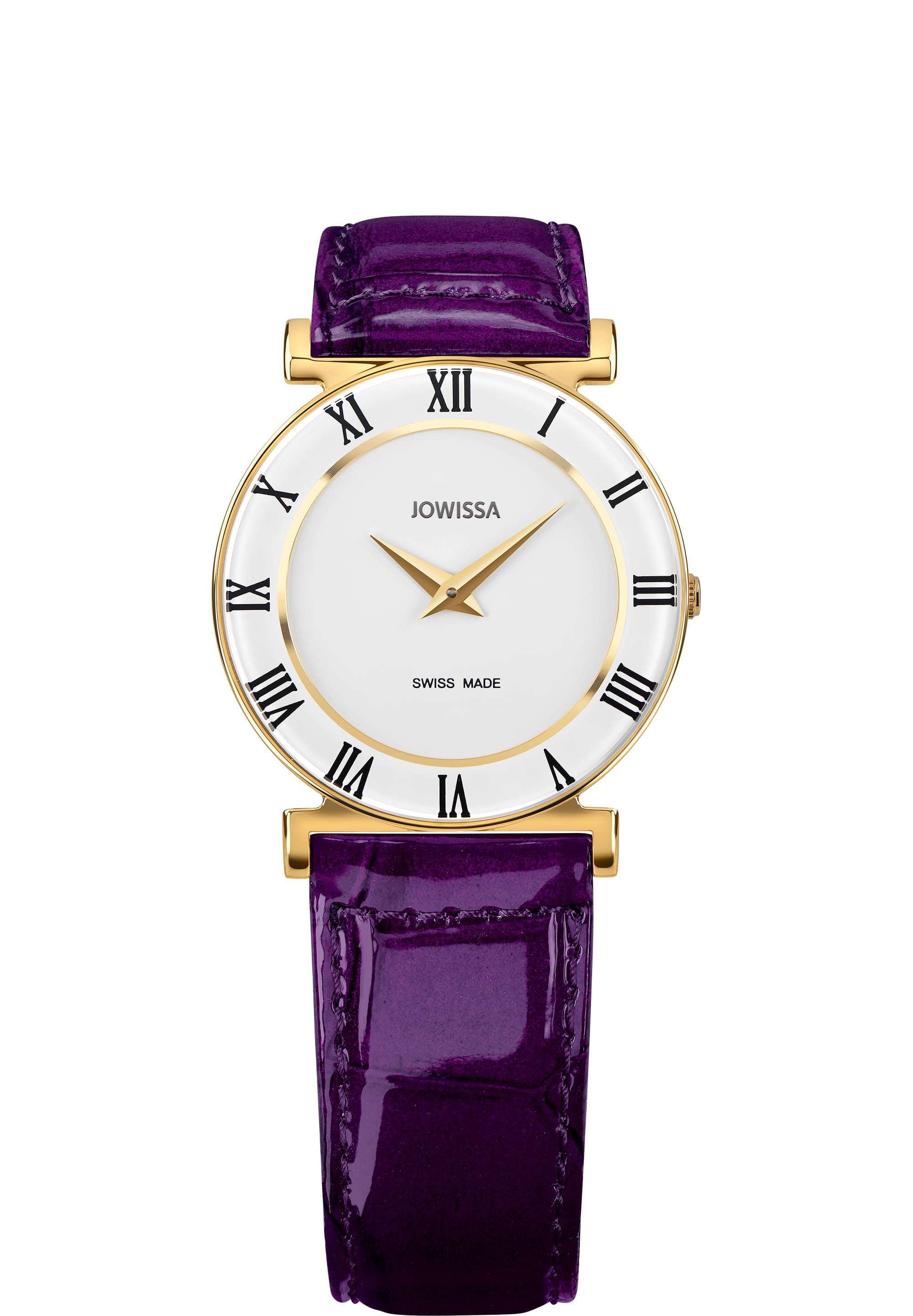 Purple swiss watch for women - roma swiss watch with purple leather strap and white dial - has gold details - all swiss made