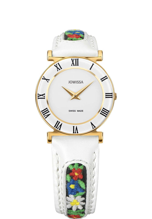 J2.035.M Vue de face de la montre suisse pour femme Roma Ethno avec surpiqûres edelweiss et rose des Alpes
