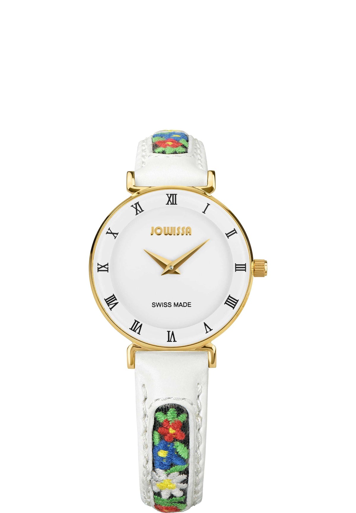 J2.035.S Orologio svizzero da donna Roma Ethno 27 mm con cuciture a stella alpina e rosa alpina, quadrante bianco e cinturino in pelle bianca
