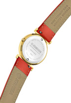 J2.036.M Back View of Swiss Womens Watch Roma Ethno with red leather band and edelweiss and alpine mountain rose stiching, white dial and roman numerals, gold case in 30mm size.
