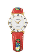J2.036.M Swiss Womens Watch Roma Ethno with red leather band and edelweiss and alpine mountain rose stiching, white dial and roman numerals, gold case in 30mm size.