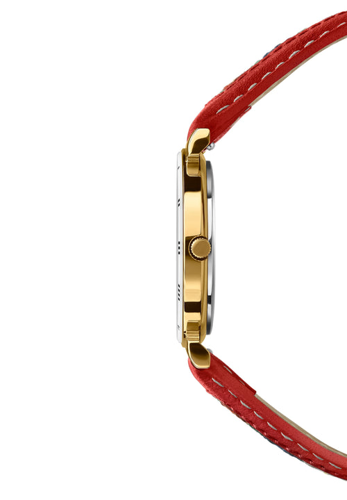 J2.036.M Side View of Swiss Womens Watch Roma Ethno with red leather band and edelweiss and alpine mountain rose stiching, white dial and roman numerals, gold case in 30mm size.