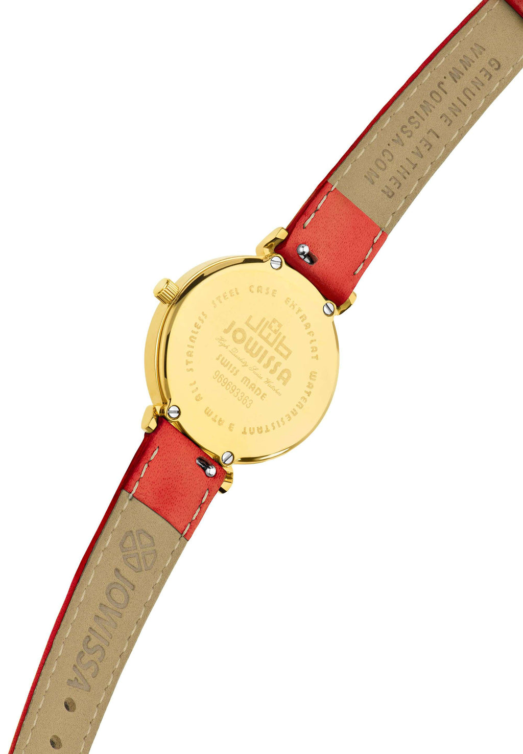 J2.036.S Back View of Swiss Womens Watch Roma Ethno with red leather band and edelweiss and alpine mountain rose stiching, white dial and roman numerals, gold case in 27mm size.