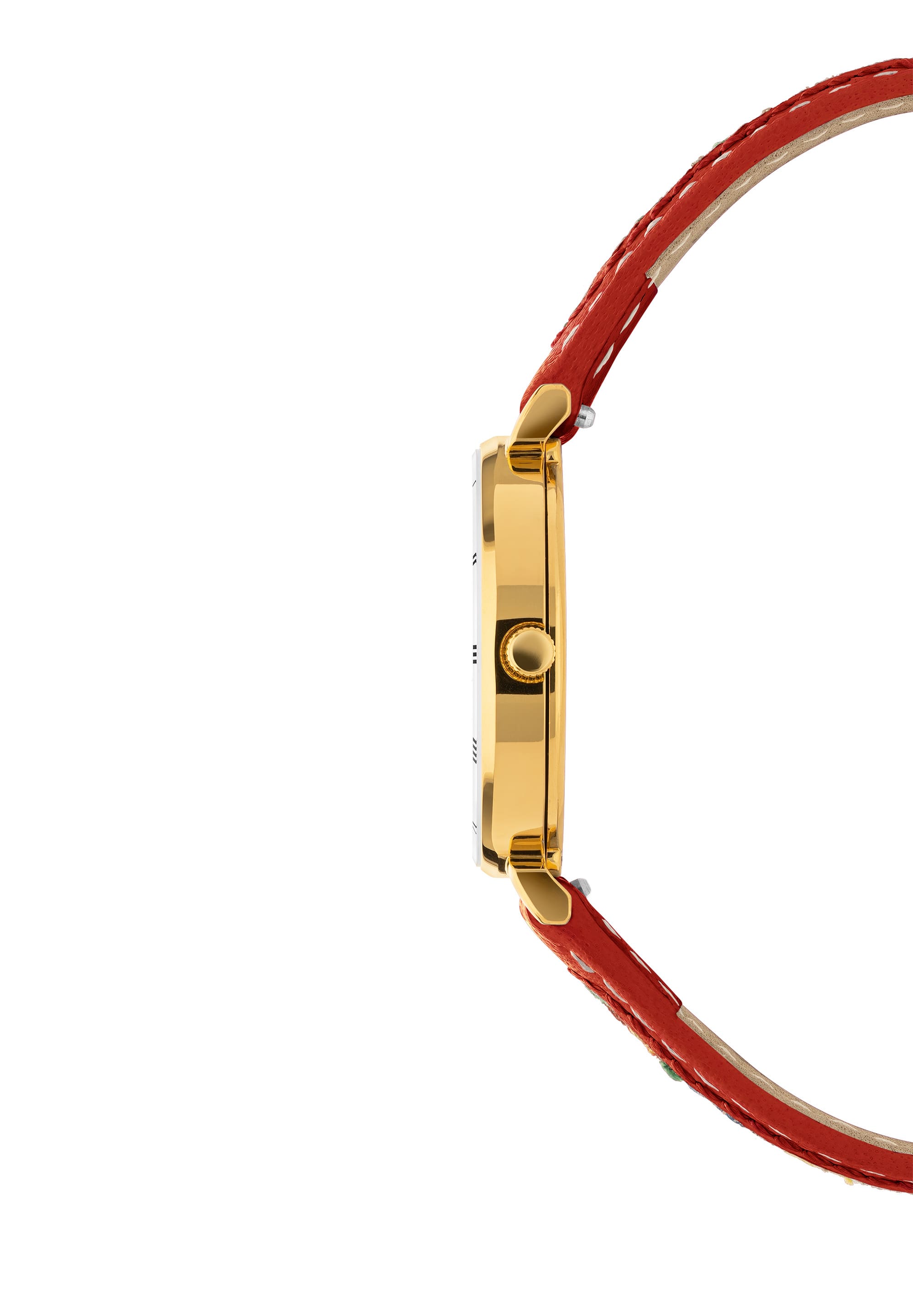 J2.036.S Side View of Swiss Womens Watch Roma Ethno with red leather band and edelweiss and alpine mountain rose stiching, white dial and roman numerals, gold case in 27mm size.
