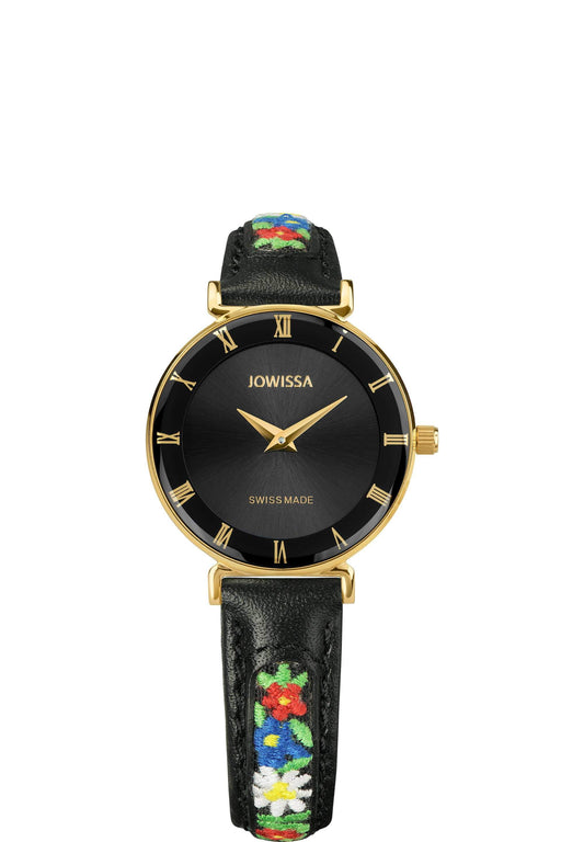 J2.037.S swiss womens watch with black leather strap and black dial  with flower details