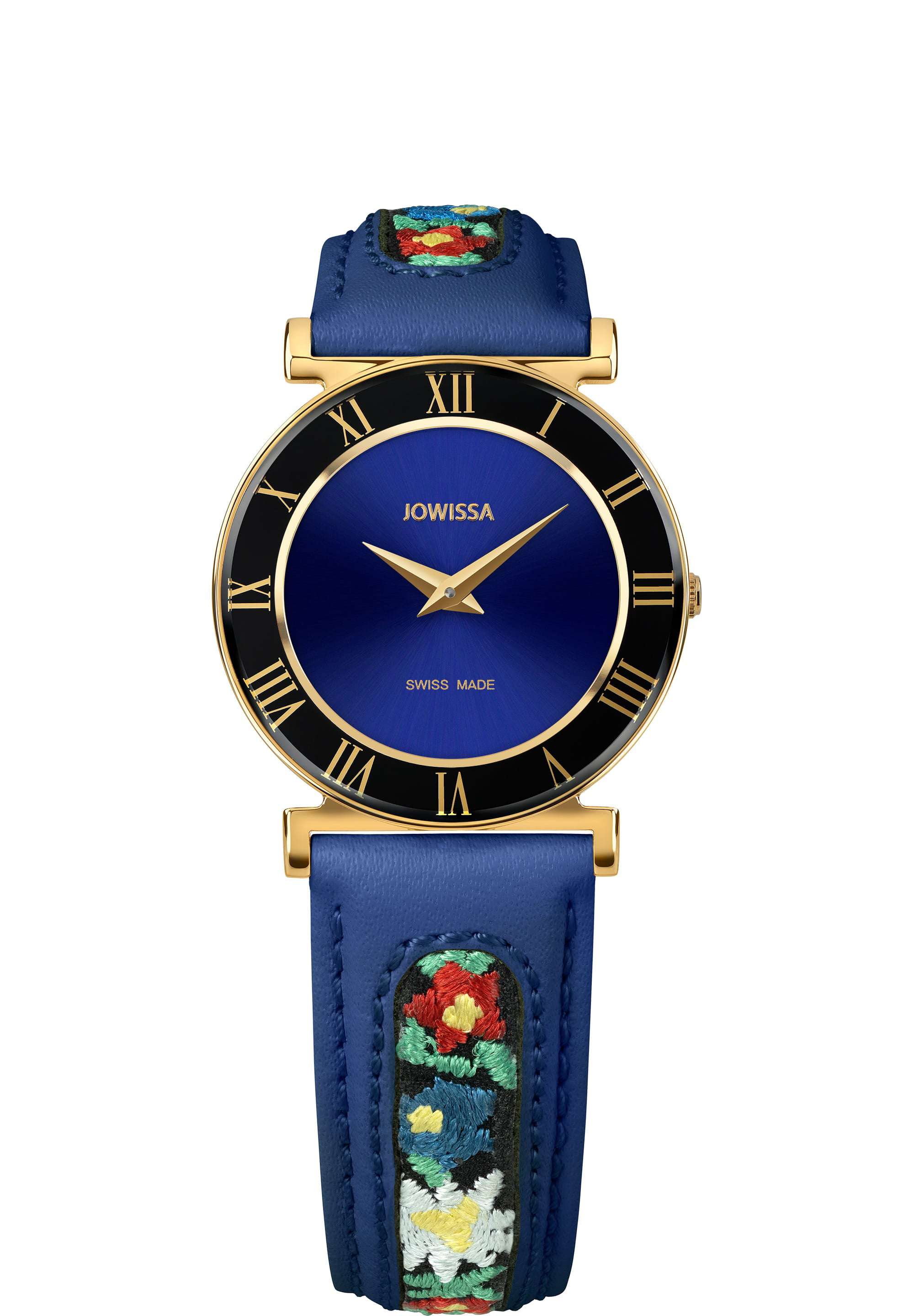 J2.038.M swiss ladies watch with blue leather strap and flower details - all swiss made