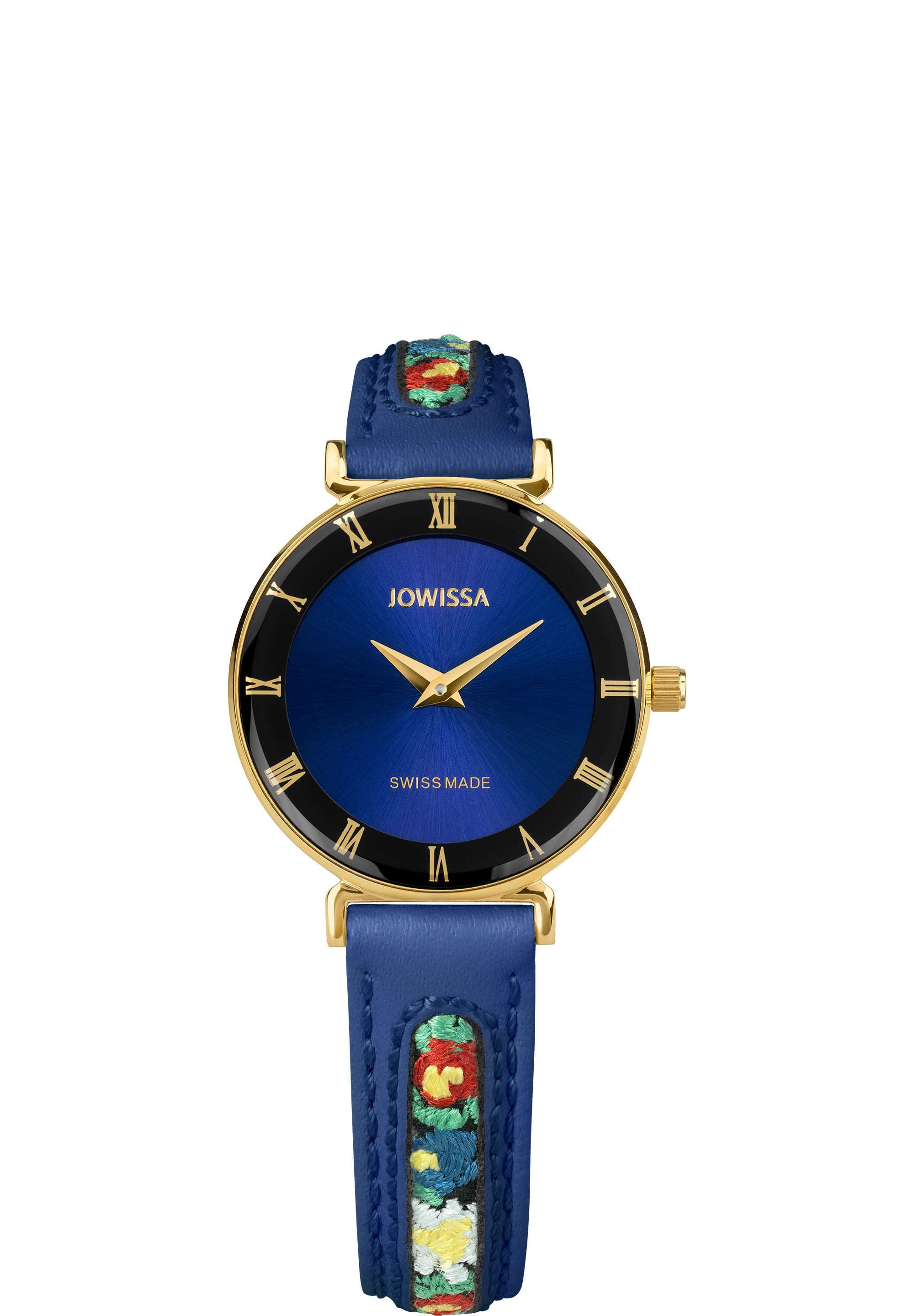 J2.038.S swiss ladies watch with blue leather strap and blue dial with flower details - all swiss made